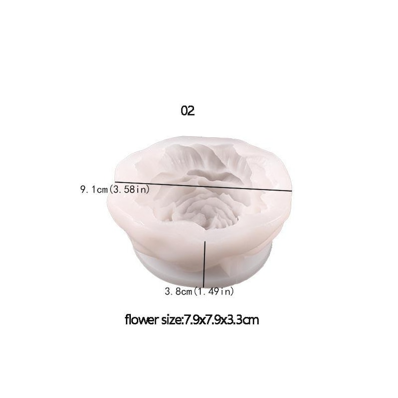 May include: A white silicone mold in the shape of a flower. The mold is 3.58 inches wide and 1.49 inches tall. The flower size is 3.11 x 3.11 x 1.3 inches. The number "02" is printed above the mold.
