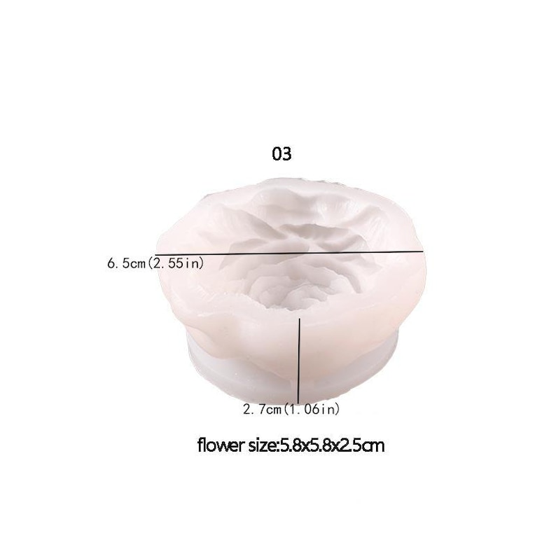 May include: A white silicone mold in the shape of a rose. The mold is 2.55 inches in diameter and 1.06 inches tall. The flower size is 2.3 x 2.3 x 1 inches. The number "03" is printed at the top.