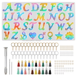 Glänzender Buchstaben Schlüsselanhänger Silikonformen für UV Resin Epoxidharz Buchstaben Worte,Alphabet Schlüsselanhänger,AnhängerForm,Schlüsselbund Resin Schlüsselanhänger Mold Kit