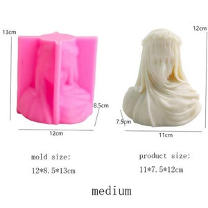 May include: A pink silicone mold and a finished cream-colored sculpture of a veiled bust. The mold measures 12cm x 8.5cm x 13cm. The sculpture is 11cm x 7.5cm x 12cm. The word "medium" is below the image.