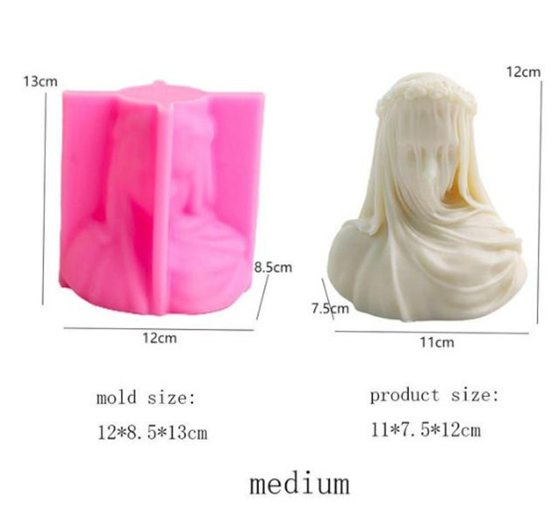 May include: A pink silicone mold and a finished cream-colored sculpture of a veiled bust. The mold measures 12cm x 8.5cm x 13cm. The sculpture is 11cm x 7.5cm x 12cm. The word "medium" is below the image.