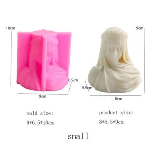 May include: A pink silicone mold and a finished cream-colored bust sculpture. The mold is rectangular, 9 cm x 6.5 cm x 10 cm, and the sculpture is 8 cm x 5.5 cm x 9 cm. The sculpture depicts a veiled figure.