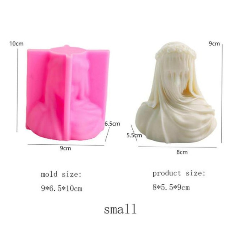 May include: A pink silicone mold and a finished cream-colored bust sculpture. The mold is rectangular, 9 cm x 6.5 cm x 10 cm, and the sculpture is 8 cm x 5.5 cm x 9 cm. The sculpture depicts a veiled figure.