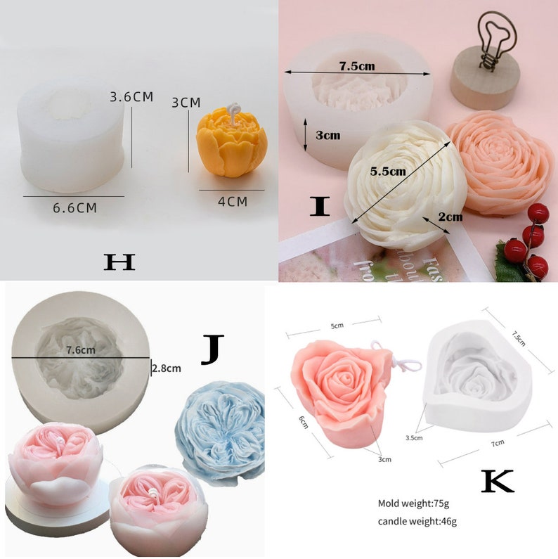 May include: A collection of candle molds and finished candles in various floral shapes. Includes a cylindrical mold (6.6 cm diameter, 3.6 cm height), a rose-shaped candle (4 cm diameter, 3 cm height), and a rose-shaped mold (7.5 cm diameter, 3 cm height).