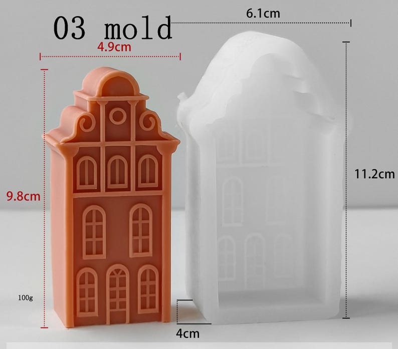 May include: A terracotta-colored house-shaped object and a translucent white silicone mold of the same design. The terracotta piece is 9.8 cm tall and 4.9 cm wide, weighing 100g. The mold measures 11.2 cm in height, 6.1 cm in width, and 4 cm in depth.