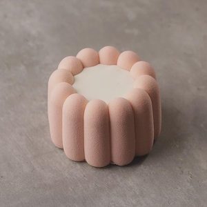 Puede incluir: Un pastel pequeño y redondo con un exterior rosa claro texturizado y una parte superior blanca y lisa. El diseño del pastel presenta una serie de segmentos verticales y redondeados alrededor del perímetro, creando una apariencia decorativa única. El pastel se presenta sobre una superficie gris.
