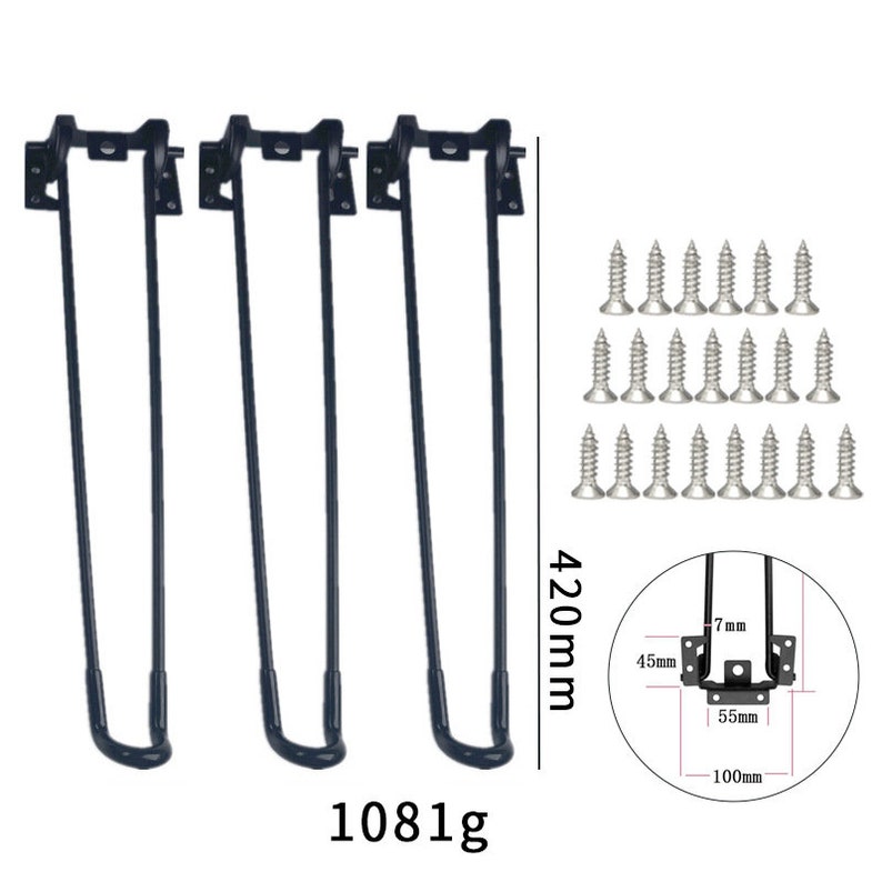 May include: Set of three black metal table legs with a 420mm length. Each leg has a bracket with a 7mm diameter hole and a 55mm width. The set includes 24 screws for assembly. 1081g.