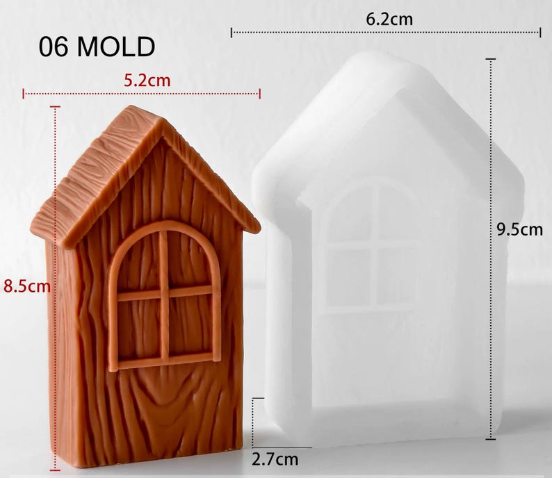 May include: A brown house-shaped object with wood grain texture and an arched window next to a translucent white silicone mold. The brown object measures 5.2 cm wide by 8.5 cm high. The silicone mold measures 6.2 cm wide by 9.5 cm high and 2.7 cm deep.
