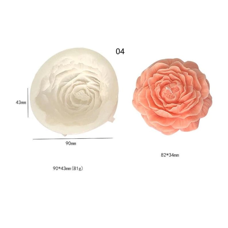 May include: Two flower-shaped objects. One is a white, oval-shaped object with a rose design, measuring 90mm x 43mm. The other is a coral-colored, rose-shaped candle, measuring 82mm x 34mm. The number "04" is in the upper right corner.
