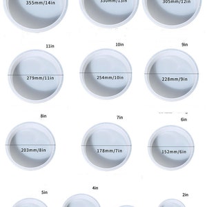 May include: A set of 10 round cake pans in various sizes, ranging from 2 inches to 14 inches in diameter. Each pan is labeled with its diameter in inches and millimeters.