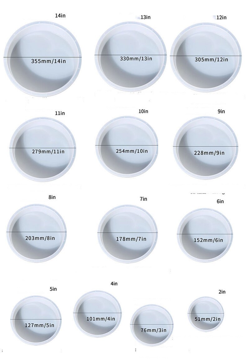 May include: A set of 10 round cake pans in various sizes, ranging from 2 inches to 14 inches in diameter. Each pan is labeled with its diameter in inches and millimeters.