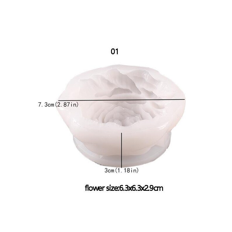 May include: A white silicone mold in the shape of a flower. The mold is 2.87 inches wide and 1.18 inches tall. The flower size is 2.48 x 2.48 x 1.14 inches. The number "01" is printed at the top.