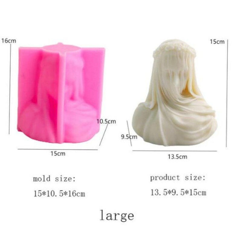 May include: A pink silicone mold and a finished cream-colored sculpture of a veiled bust. The mold measures 15cm x 10.5cm x 16cm. The sculpture is 13.5cm x 9.5cm x 15cm. The word "large" is below the objects.