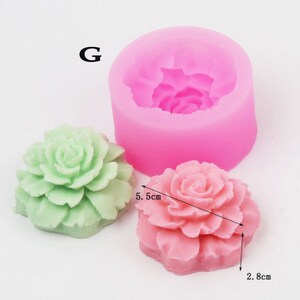 May include: A pink silicone rose-shaped mold next to two finished soap bars. One soap is light green, the other is pink, measuring 2.8 cm high and 5.5 cm wide. The letter "G" is in the upper left corner.