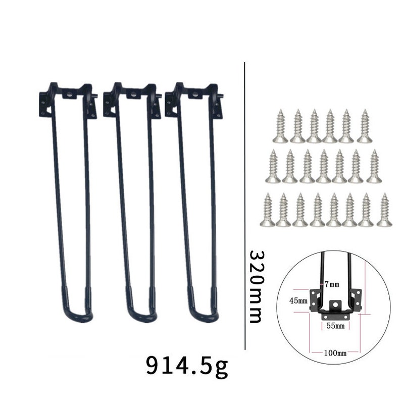 May include: Three black metal table legs with a 320 mm length and a 914.5 g weight. The legs have a bracket with a 7 mm, 45 mm, 55 mm, and 100 mm measurement. The image also shows 24 silver screws.