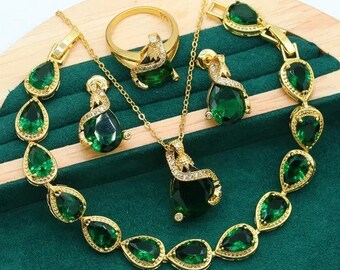 Wedding Gold Color Jewelry Set for Women Bride Green Red Zircon Bracelet Earrings Necklace Pendant Ring Christmas Gift