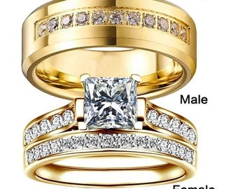 Gold Stainless Steel Plated Couple Rings For Lovers Wedding Bands Men's Ring Zircon Ladies Set Ring Jewelry Valentine's Day