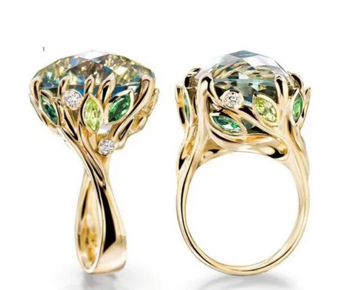 Luxury Fashion Natural Green Stone Ring Leaf Zircon Ring Etsy
