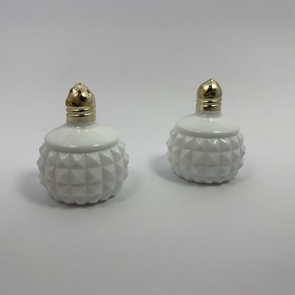 Vintage Milk Glass Diamond Point Hobnail Round Globe Sphere Salt and Pepper Shakers Set with Metal Lids Made in Japan