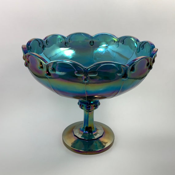 Vintage Indiana Iridescent Blue Carnival Glass Peacock Pedestal Large Bowl Compote Teardrop Garland Pattern with Scalloped Edges Vintage Indiana Iridescent Blue Carnival Glass Peacock Pedestal Large Bowl Compote Teardrop Garland Pattern with Scalloped Edges