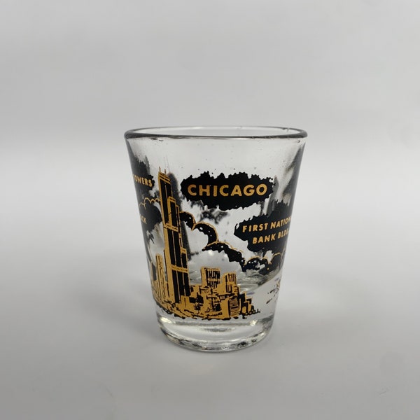 Vintage Chicago Shot Glass Black and Gold w/ First National Bank, John Hancock Center, Sears Tower