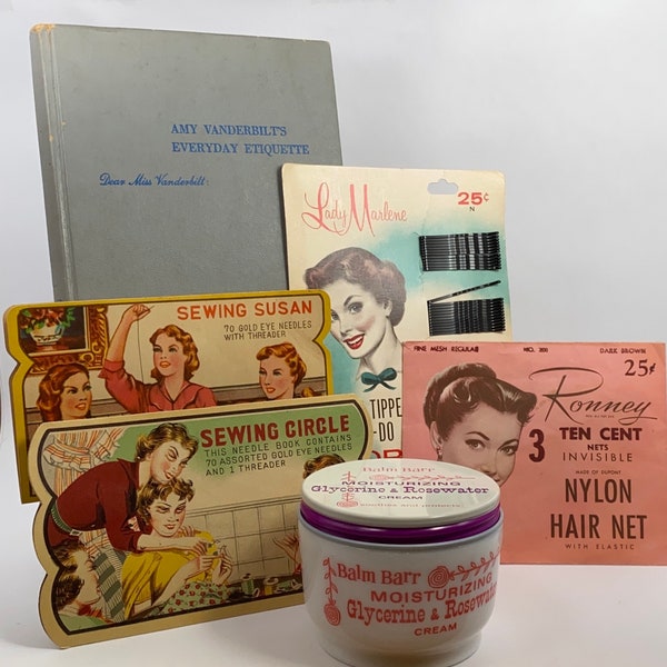 Vintage Beauty Gift Bundle: Balm Barr Empty Milk Glass Jar, Sewing Needle Books, Bobby Pins, Hair Nets, Amy Vanderbilt Etiquette Book