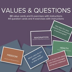 May include: A set of cards titled VALUES & QUESTIONS, including 88 value cards with 6 exercises and 44 question cards with 4 exercises. The cards are rectangular, featuring various colors like brown, blue, green, and purple with white text.