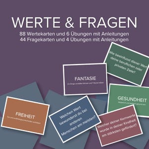 May include: A set of rectangular cards titled WERTE & FRAGEN, featuring 88 value cards and 44 question cards with instructions. The cards are in various colors including purple, blue, green, and brown, displaying German text like FANTASIE, FREIHEIT, and GESUNDHEIT.