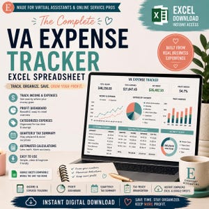 Puede incluir: Una computadora portátil muestra una hoja de cálculo de Excel de VA Expense Tracker, con gráficos y datos financieros. La imagen incluye el texto "VA Expense Tracker" y "Descarga digital instantánea". También se ven una taza de café y un bolígrafo.