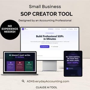 May include: An advertisement for a Small Business SOP Creator Tool. The image shows a desktop computer, a laptop, and a tablet displaying the tool's interface. Text includes "Build Professional SOPs in Minutes" and "No Experience Needed!"