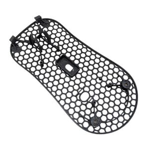 May include: A black plastic mouse shell with a honeycomb pattern and several small holes. The shell is designed for a computer mouse.