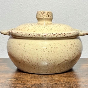 Puede incluir: Una olla de cerámica beige moteada con tapa y un pequeño asa. El borde de la tapa tiene un borde decorativo. La olla está sobre una superficie de madera.