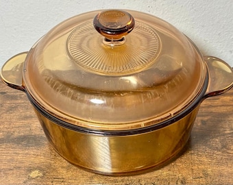 Vintage Corning Visions France 2.25L Amber Glass Casserole Pot w/ Lid