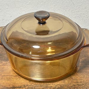Vintage Corning Visions France 1.25L Amber Glass Casserole Pot w/ Lid