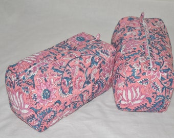 Indian Pink Floral Block Print Cotton Makeup Bags, Set of 2 Bags, Makeup Pouches, Cotton Block Print Cosmetic Bag, Hand Block Print Wash Bag