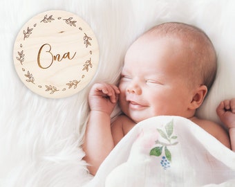 Natural Wood Baby Name Sign - Unique Round Wood Announcement Sign for Nursery Decor - Hospital photo props