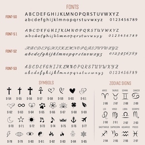 May include: A chart with different fonts, symbols, and zodiac signs. The fonts are labeled FONT-50 through FONT-53. The symbols are labeled S-54 through S-85. The zodiac signs are labeled Z-86 through Z-97.