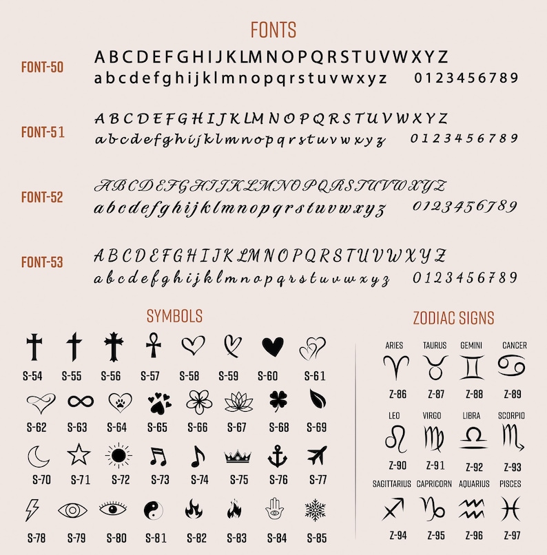 May include: A chart with different fonts, symbols, and zodiac signs. The fonts are labeled FONT-50 through FONT-53. The symbols are labeled S-54 through S-85. The zodiac signs are labeled Z-86 through Z-97.
