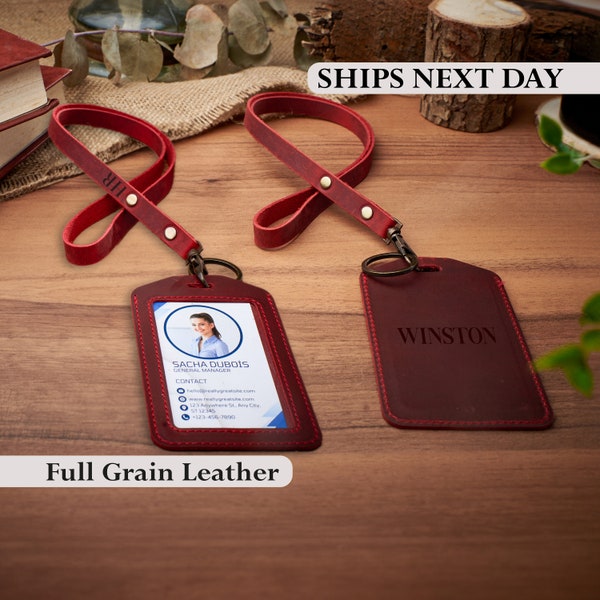 Personalized Leather ID Badge Holder • Leather Lanyard for Badge Holder • Custom Badge Holders and Lanyards •  Bulk Gifts For Coworkers