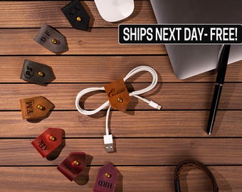 Leather Cable Organizer, Cord Organizer, Personalized Cable holder, Cord keeper, Accessories Cable Clips, Leather Cord Wraps, Tech Gift