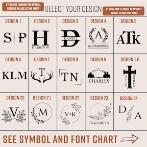 May include: A chart showing 24 different design options for personalized wooden signs. Each design features a combination of letters, symbols, and text. The designs include initials, names, and religious symbols.