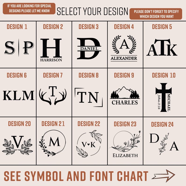 May include: A chart showing 24 different design options for personalized wooden signs. Each design features a combination of letters, symbols, and text. The designs include initials, names, and religious symbols.