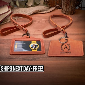 Custom Leather ID Holder with Lanyard, Personalized Leather ID Holder, Leather Lanyard, New Teacher Gift, Bulk Gift for Coworkers