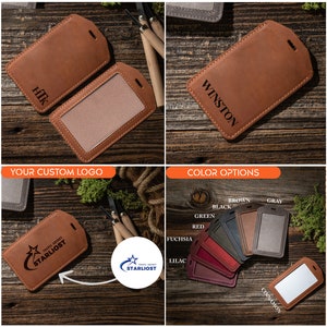 May include: A brown leather ID badge holder with a clear plastic window for displaying an ID card. The holder has a metal ring for attaching to a lanyard or keychain. The holder is shown with a custom logo and the text "STARLIOST" and "WINSTON". The image also shows a variety of color options for the holder, including brown, black, green, red, fuchsia, lilac, gray, and cinnamon.