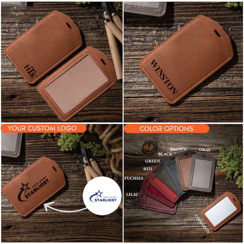 May include: A brown leather ID badge holder with a clear plastic window for displaying an ID card. The holder has a metal ring for attaching to a lanyard or keychain. The holder is shown with a custom logo and the text "STARLIOST" and "WINSTON". The image also shows a variety of color options for the holder, including brown, black, green, red, fuchsia, lilac, gray, and cinnamon.