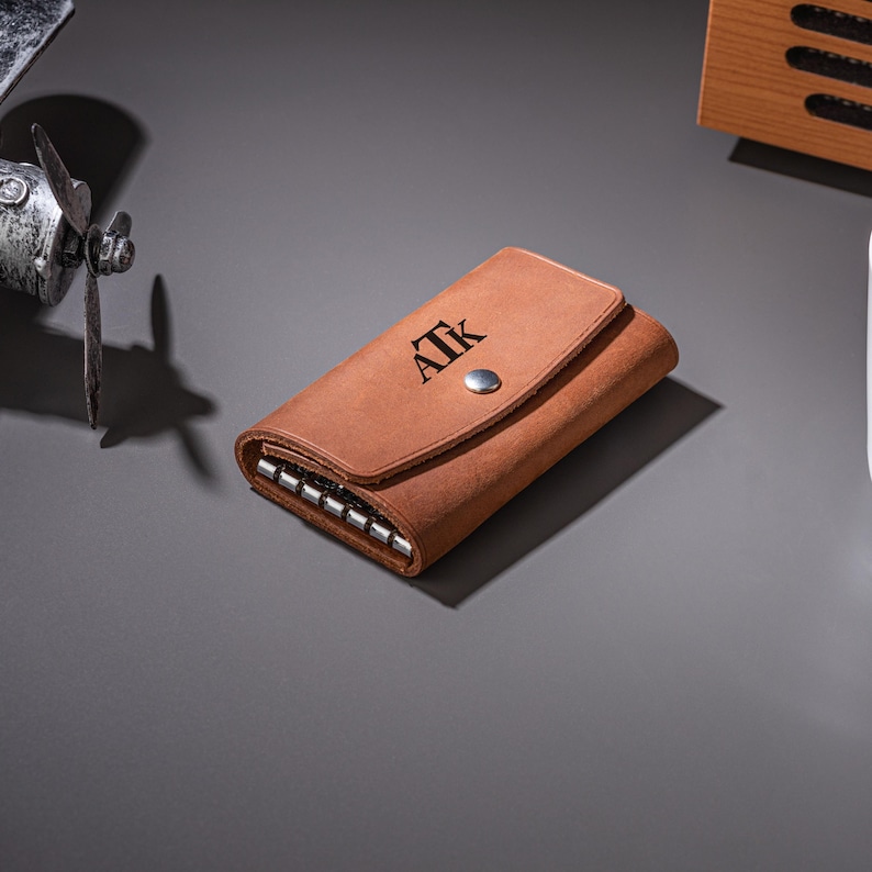 Personalized Key Case, Leather Key Case, Leather Key Wallet, Engraving Key Holder, Key Organizer Case, Grandpa Gift, Gift for Him image 6