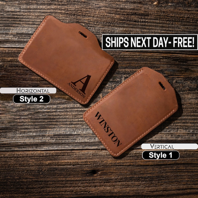 May include: Two brown leather badge holders with a horizontal and vertical design. The horizontal badge holder has the name "Anderson" and the initial "A" engraved on it. The vertical badge holder has the name "Winston" engraved on it.  SHIPS NEXT DAY - FREE! is printed on the image.