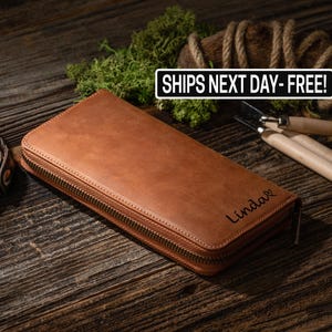Cartera de cuero personalizada para mujer, billetera marrón, el mejor regalo para esposa, regalo para novia, billetera de cuero hecha a mano, regalo para el día de la madre