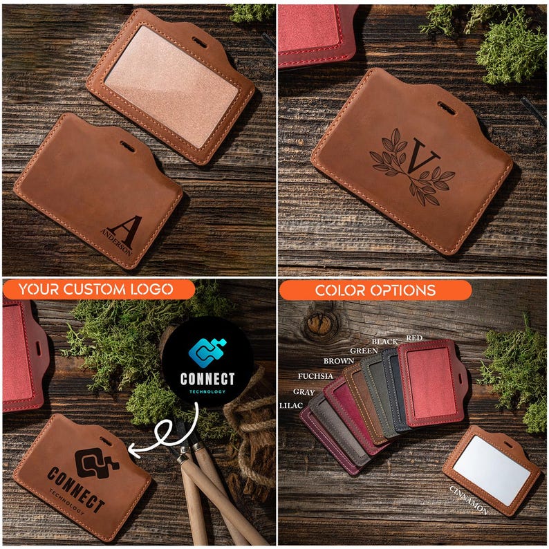 May include: A brown leather badge holder with a clear plastic window for displaying an ID card. The holder has a metal clip for attaching to a belt or lanyard. The holder can be personalized with a monogram or logo. The image shows a variety of color options for the holder.