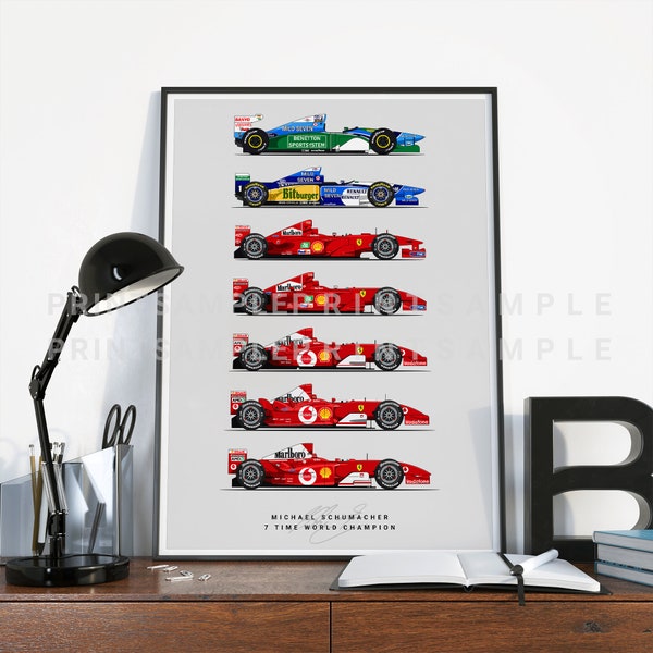 Michael Schumacher World Championship Winning Cars F1 Poster / Ferrari F1 Poster /  F1 Car Poster / Hand Drawn Design